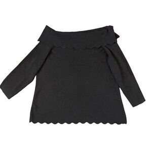 Cable & Gauge Black Off Shoulder Scalloped Hem Long Sleeve Knit Sweater Top Sz L